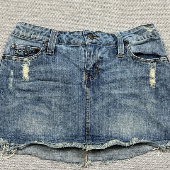 Hint Jeans Womens Blue Denim Skirt Distressed Studded Pockets Medium Wash Size 5 - Picture 3 of 12